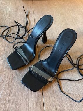 Liliana Black Square-Toe Lace-Up Heels with Clear Strap